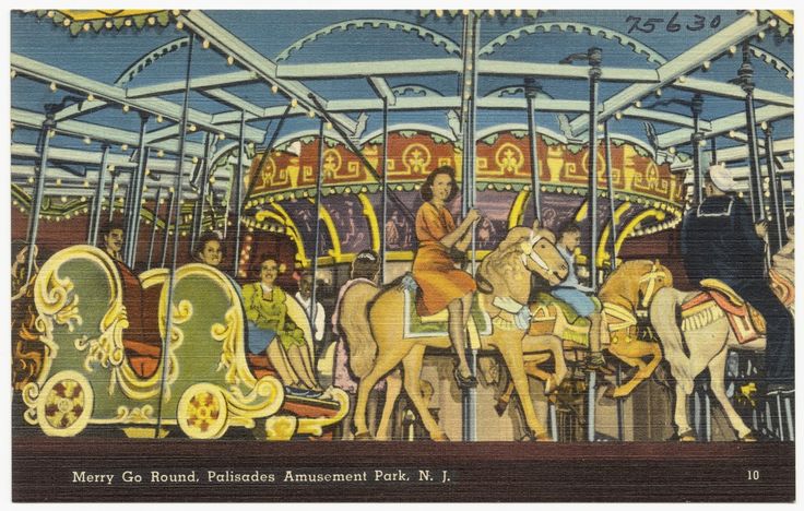 the merry go round amusement park, n j is depicted in an old postcard