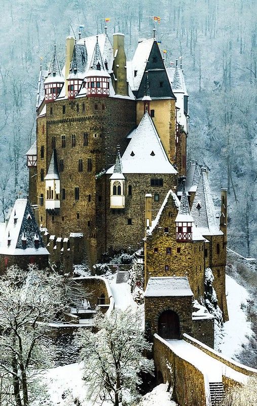 an old castle in the middle of winter with snow on it's roof and trees