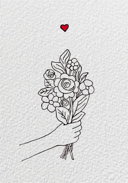 a hand holding a bouquet of flowers with a red heart above it