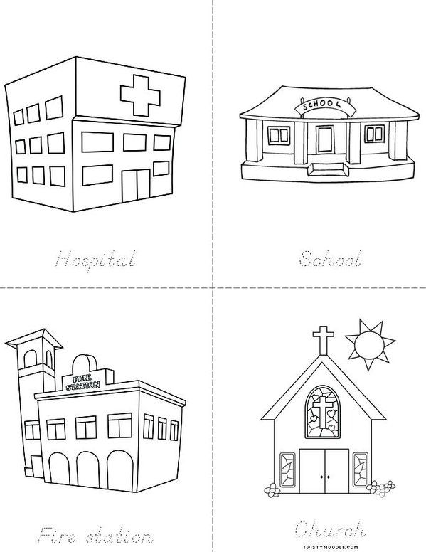 four different buildings with the words hospital, fire station, and church written on them