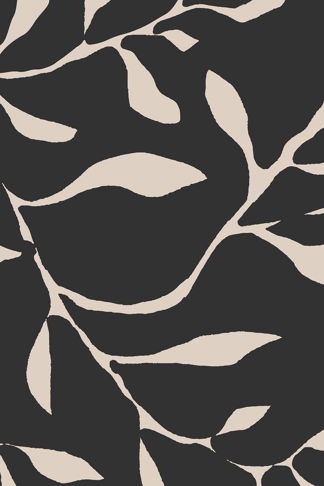 an abstract black and white pattern with wavy lines on the back ground, as well as leaves