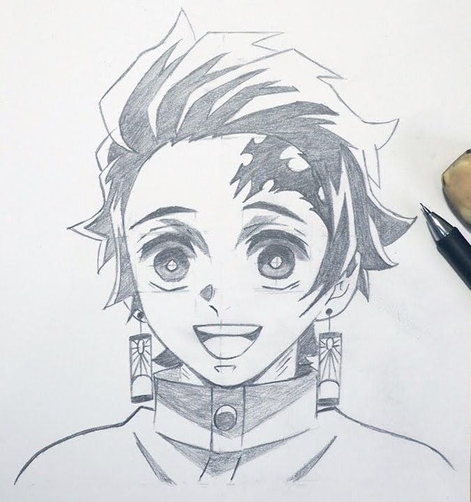 a pencil drawing of a person with big eyes and short hair, wearing earrings