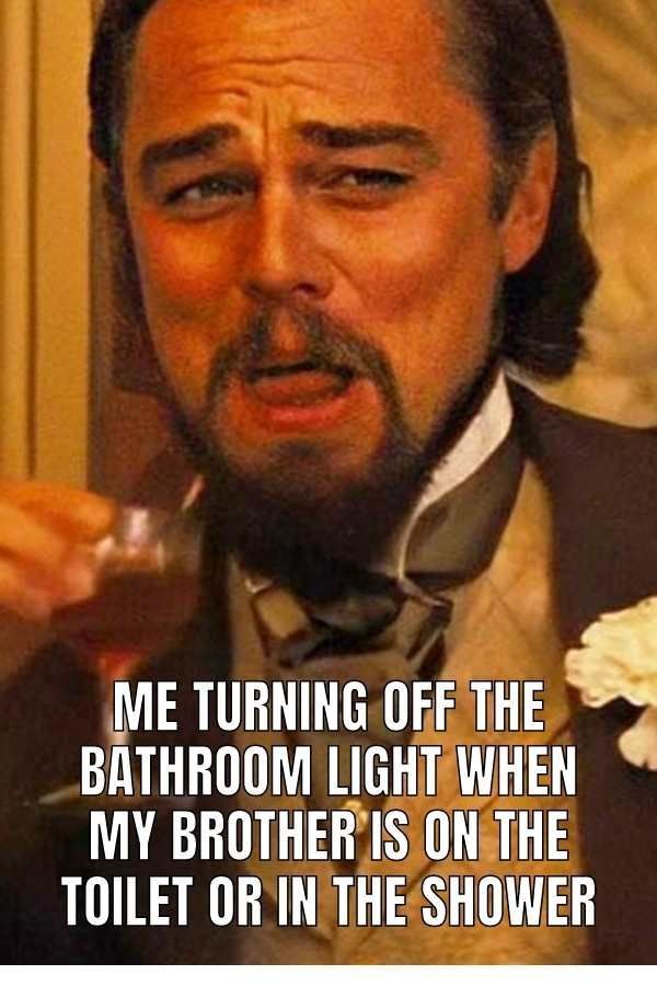 a man in a tuxedo holding a wine glass with the caption, me turning off the bathroom light when my brother is on the toilet or in the shower