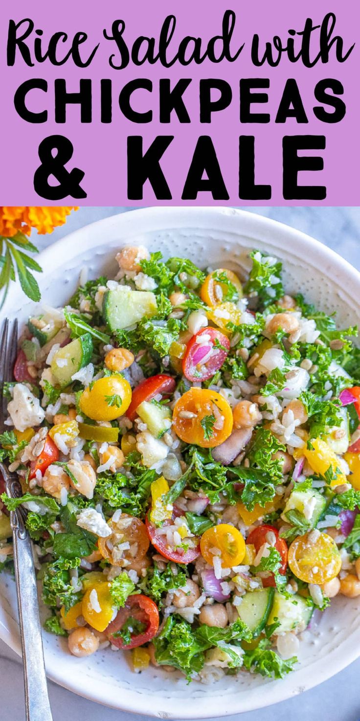 rice salad with chickpeas and kale in a white bowl on a table