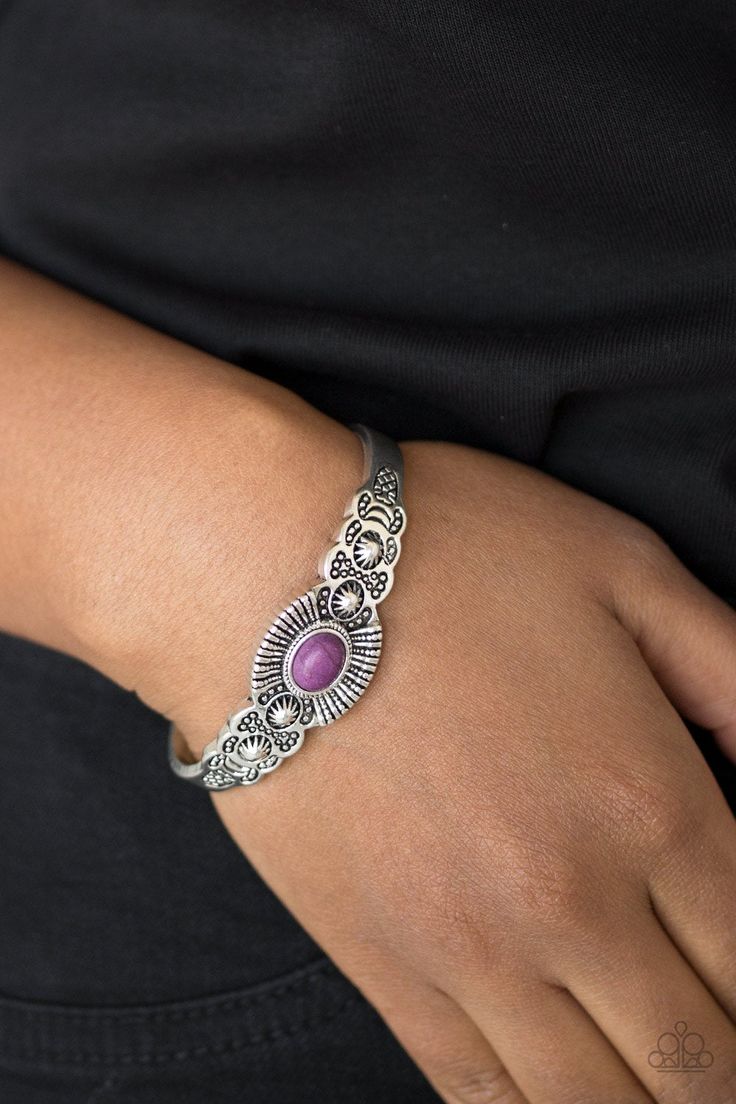 Dotted with a vivacious purple stone center, a dainty silver cuff radiating with shimmery southwestern inspired detail curls around the wrist for a seasonal look. Sold as one individual bracelet. Southwest Bracelet, Purple Bracelet, Southwestern Jewelry, Paparazzi Accessories, Purple Stones, Paparazzi Jewelry, Silver Cuff Bracelet, Blue Bracelet, Dainty Jewelry