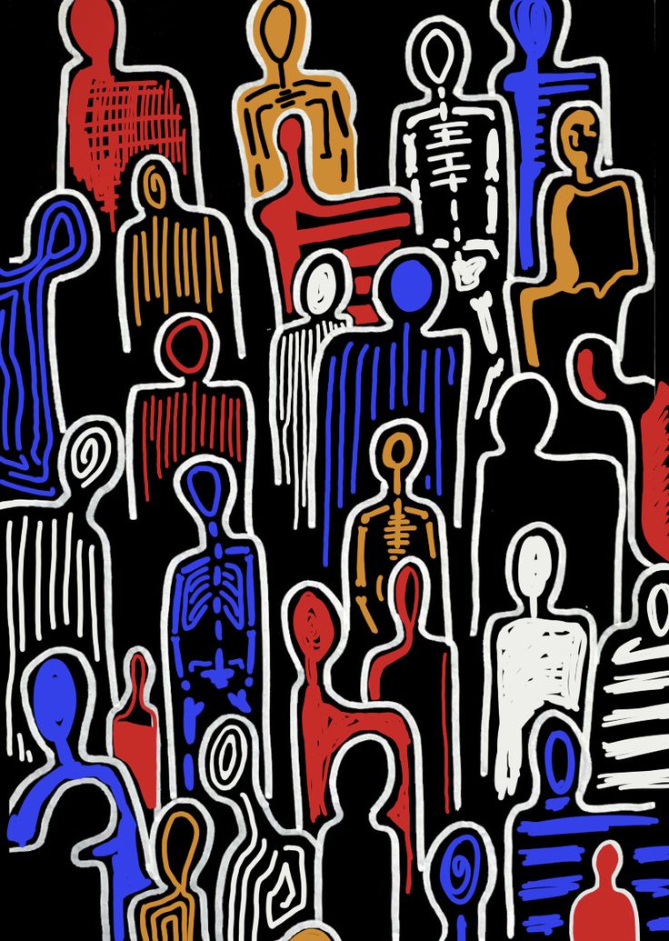 an abstract painting with many different colors and shapes on black paper, depicting people standing together