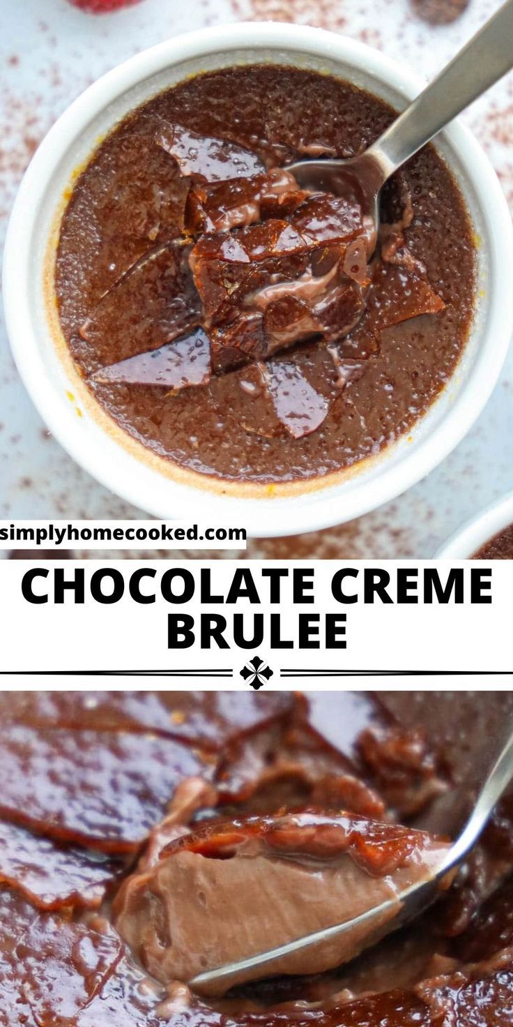 chocolate creme in a white bowl with spoons next to it and the words, chocolate creme brule