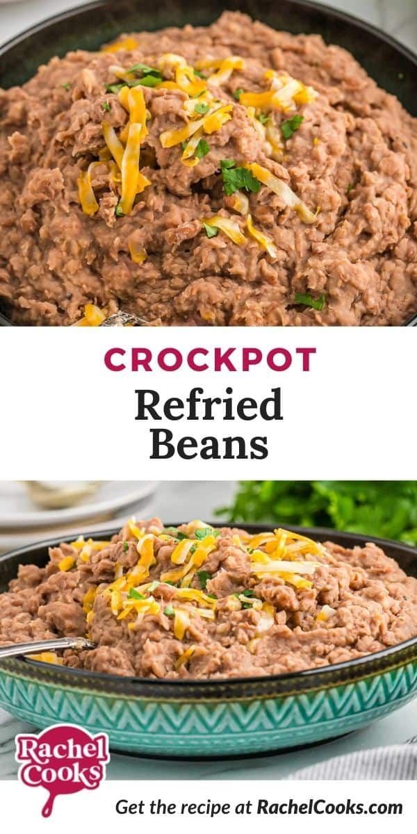 the recipe for crockpot refried beans is shown in two different pictures, one with