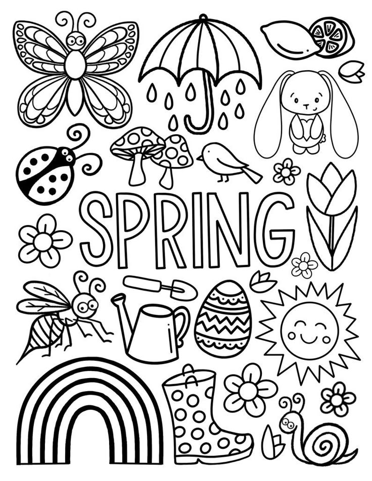 the word spring is surrounded by doodles, flowers and other things in black and white