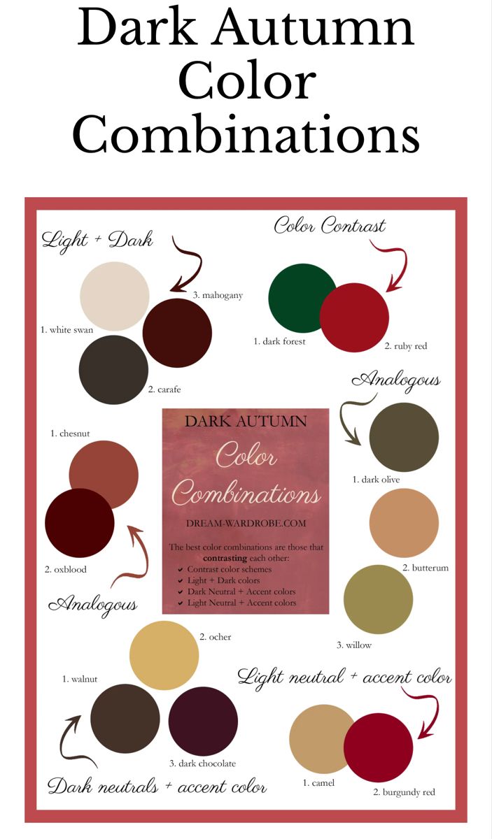 the dark autumn color combinations are shown in red, white and green colors with text that reads