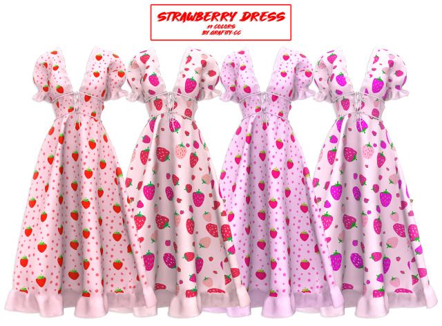 three dresses with strawberrys on them and the words strawberry dress in red, white, pink