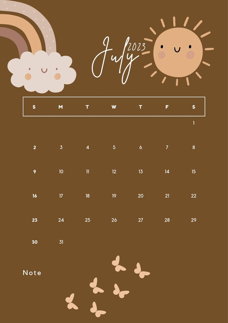 the calendar for july is decorated with cute clouds and a sun on brown background, as well as butterflies