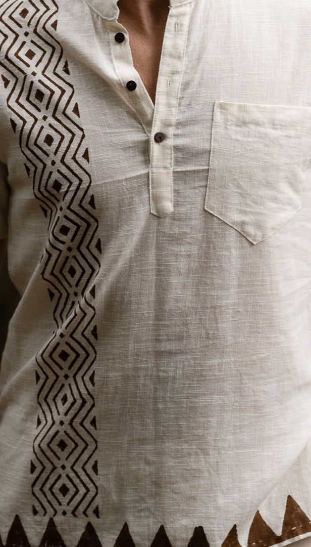 Introducing the Natural Organic Tribal Block Print Button Shirt - a perfect fusion of comfort and style. This shirt is handmade with care, featuring intricate Gypsy-inspired block prints that showcase a unique Bohemian appeal.Crafted from natural and organic materials, this shirt offers unmatched comfort and breathability, making it ideal for long hours of wear. The tribal pattern and the handmade touch add a touch of authenticity, while the button-down classic band collar elevate your style to Silk Bag, Funky Design, Handwoven Fabric, Organic Materials, Band Collar, Under The Stars, Khaki Green, Button Shirt, Color Khaki