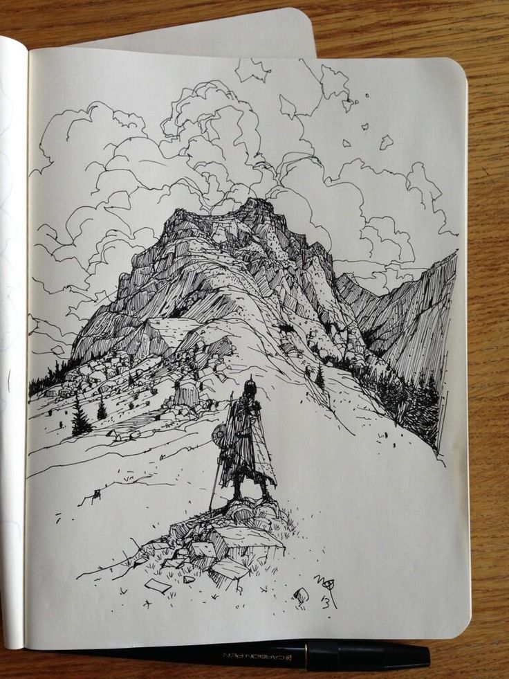 a drawing of a man standing on top of a mountain