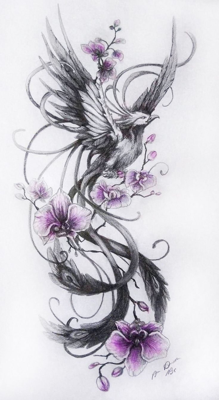 a drawing of a bird with purple flowers on it's wings and swirls