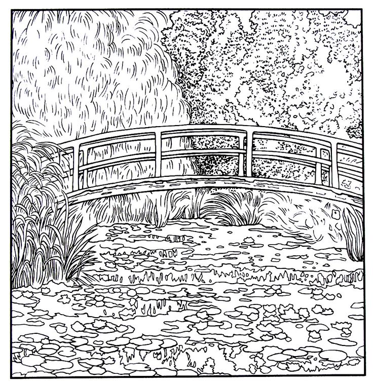 a black and white drawing of a bridge over water with lily pads on the ground