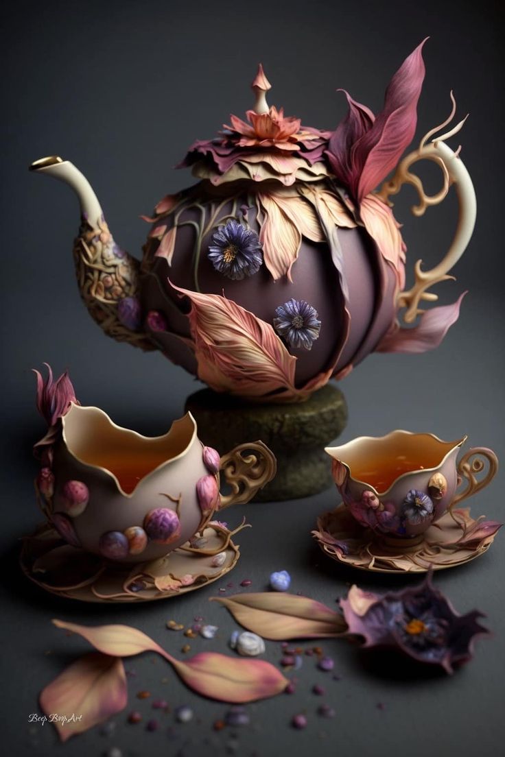 the tea set is decorated with flowers and leaves