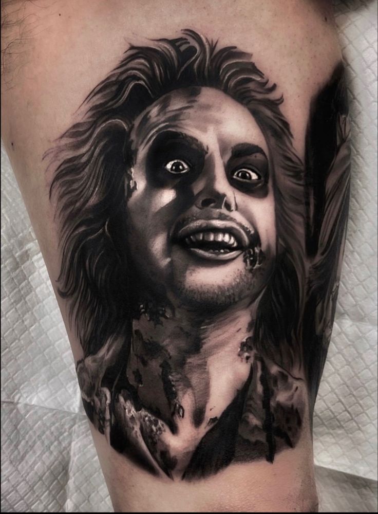 Beetlejuice portrait tattoo done by Tony frank in Pittsburgh PA Beetlejuice Tattoo Ideas Tim Burton, Beetlejuice Tattoo Design, Sweeney Todd Tattoo Ideas, Beatle Juice Tattoo Ideas, Sweeny Todd Tattoos, Bettle Juice Tattoos, Beetlejuice No Feet Tattoo, Beetlejuice Tattoo Ideas, Beetlejuice Legs Tattoo