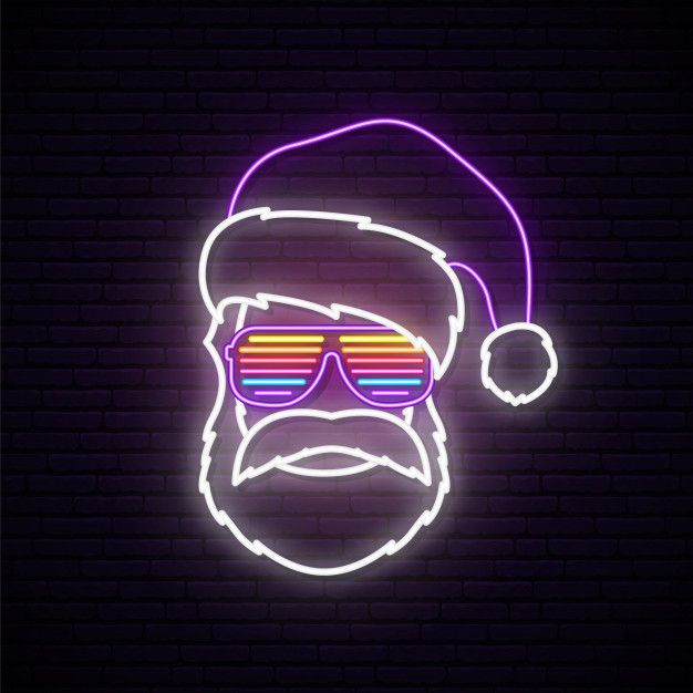 a neon sign with a bearded man wearing sunglasses and a santa hat on it's head