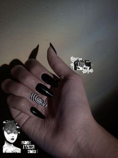 Insta Nails, Junji Ito Collection, Horror Nails, Skull Nails, Black Acrylic Nails, Hippie Nails, Punk Nails, Anime Nails, Goth Nails