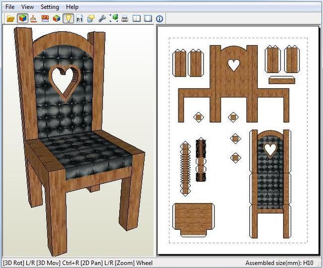 an image of a wooden chair and other items in the computer screen shot, including paper cut outs