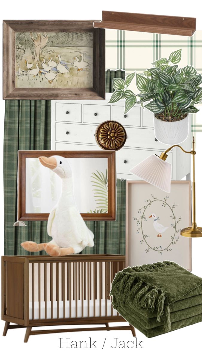 a baby's room is decorated in green and white