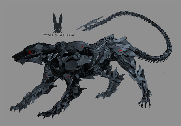 an animal that is made out of metal and has red eyes on it's face