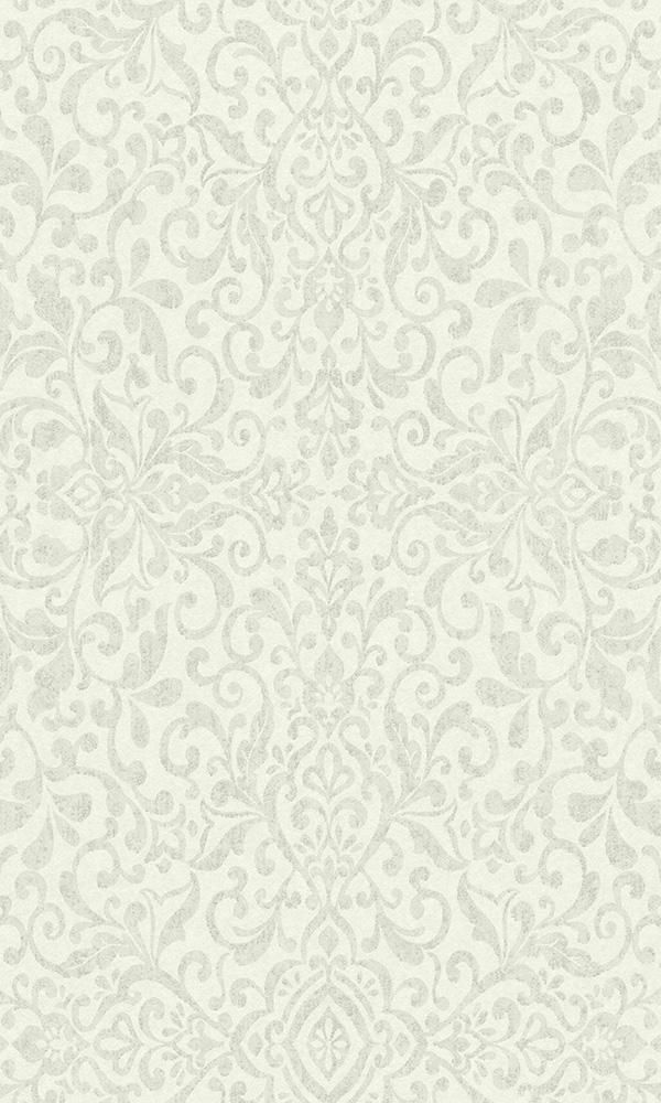 a white and gray wallpaper with an ornate design on the back side of it