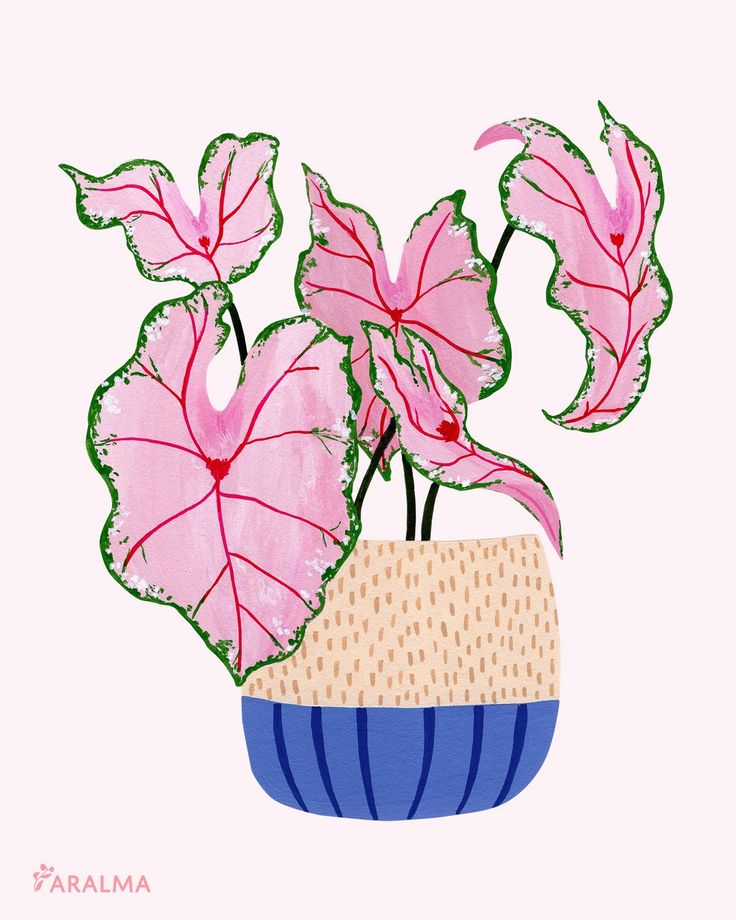 a painting of pink flowers in a blue vase with green leaves on the top and bottom