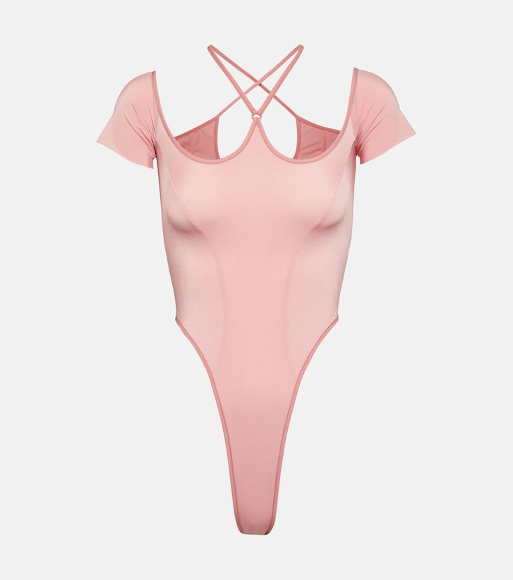 Halterneck mesh bodysuit in pink - KNWLS | Mytheresa High Stretch Summer Club Leotard, Trendy Nylon Bodysuit, Chic Compressive Bodysuit, Club Bodysuit With Built-in Bra, Chic Polyamide Bodysuit For Spring, Bodycon Elastane Bodysuit For Club, High Stretch Leotard For Club, High Stretch Club Leotard, Chic Spring Bodysuit In Polyamide