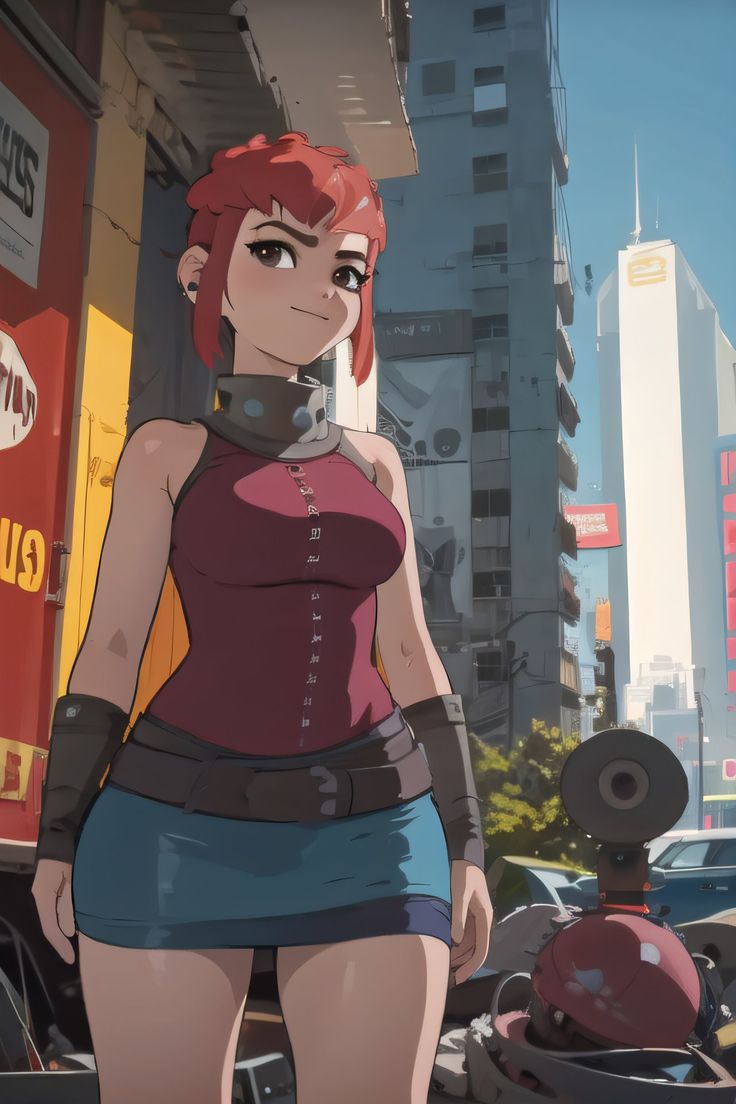 an anime character standing in the middle of a city