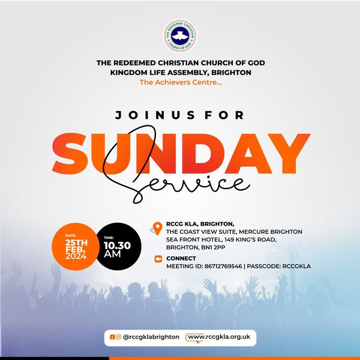 the poster for sunday service with an orange and blue background