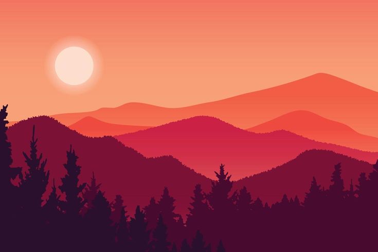 the sun is setting over the mountains with trees in front of it and red sky