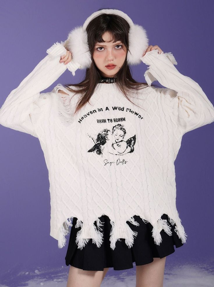 ❤Sweet Cool Milk White Angel Print Damaged Knit❤ White Knit Tops For Winter, White Knit Winter Top, White Knitted Winter Tops, White Knitted Tops For Winter, White Crew Neck Knit Top For Fall, White Knitted Winter Sweater, White Cotton Knit Top For Fall, Off White Knitted Sweater For Winter, White Soft Knit Cotton Sweater