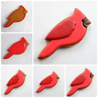 several images of red birds on cookies with different shapes and sizes, including one in the shape of a bird