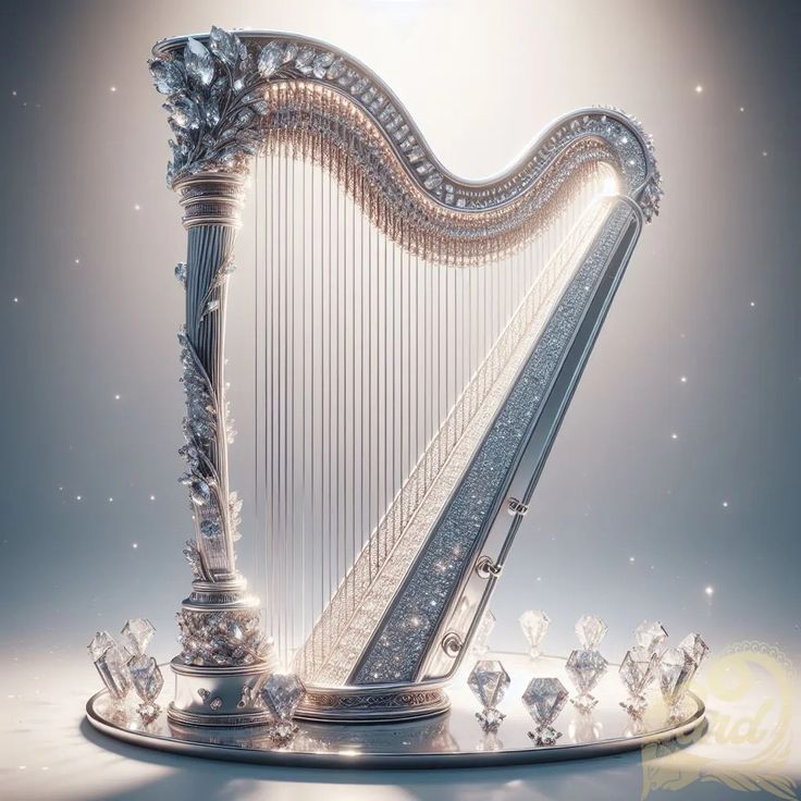 an ornate silver harp with crystal jewels on it's sides, against a blue background