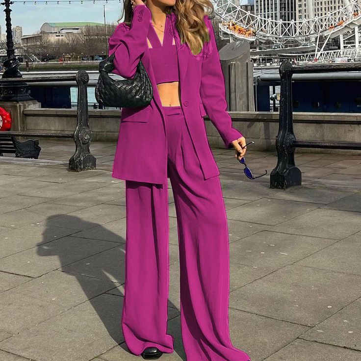 Be the Boss Lady that you are in this stunning Fancy Pantsuit with vintage yet modern cut. Crafted with gorgeous Halterneck Bustier and long sleeves collared Jacket (women's blazer) making it look the most fashionable semi casual formal Pant suits for women. While these High-Waisted Wide Leg Trouser - Pants will take your confidence levels to new heights! This dressy spring pant suits are good for both women's formal wear or for looking haute at a party. Team this women's suit coat with high hee Coat Pant For Women, Halter Pattern, Suit Type, Long Sleeve Suit, Pant For Women, Two Piece Pants Set, Pantsuits For Women, Elegant Pattern, Long Sleeves Coats