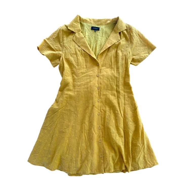 Golden Mustard Yellow Shirtdress In A Textured 100% Cotton Features A Button Front With Deep V-Neckline. Lined. Cinches In Back With Tie. Size Xl. Measures 32” Long And 18” Pit To Pit. Preowned And Dress Was Tried On But Never Worn. Lining Is A Bit Wrinkles From Storage. Original Button Tag Still Attached. See All Pics! Summer Mini Dress With Collared Neckline For Daywear, Fitted V-neck Shirt Dress For Summer, Yellow Buttoned Dress For Vacation, Yellow Short Sleeve Dress For Daytime, Summer Dress With Collared Neckline And Buttons, Summer Dresses With Button Closure And Collared Neckline, Casual Yellow Mini Dress For Work, Collared Summer Daytime Dresses, Fitted Collared Shirt Dress For Beach