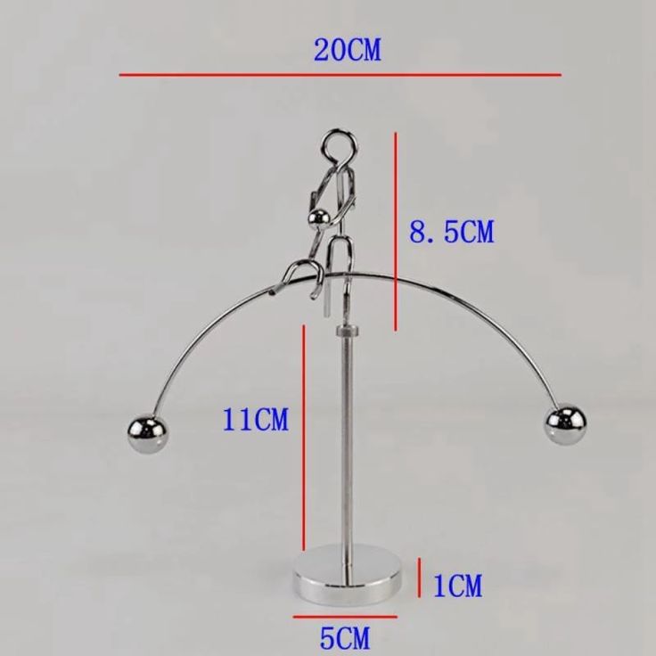 a pair of metal balls on a stand with measurements for each ball and the length