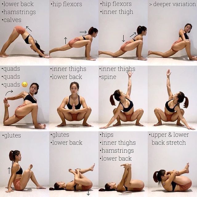 the woman is doing yoga poses on her stomach and knees, with different positions to do