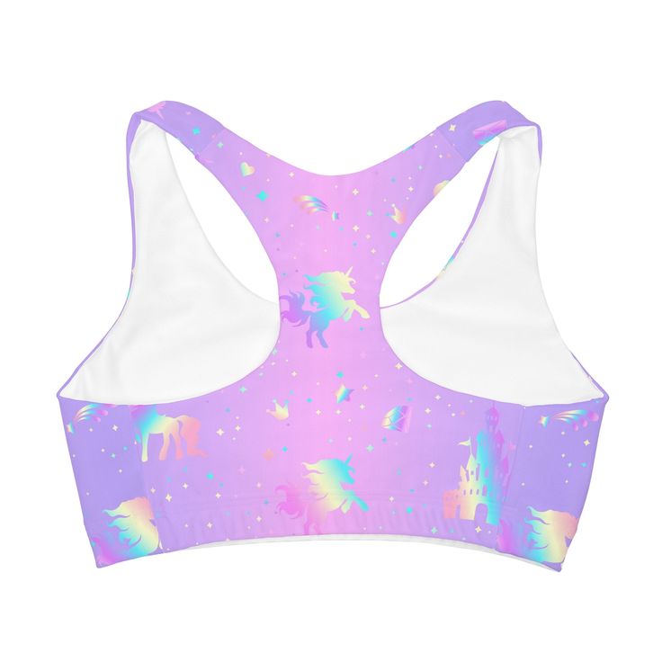 Crafted from a soft, lightweight double-lined fabric, this racerback sports bra is designed with comfort and adjustability in mind; the elastic band allows the wearer to fit the garment exactly to their body shape while remaining seamless and non-abrasive during physical exertion. Elegantly adorned with an enchanting all-over Pastel Unicorn Fairytale print, this is an ideal choice for any active girl. : Material: 82% polyester, 18% spandex .: Medium fabric (7.5 oz /yd²).: Runs true to size.: Rac Light Support Racerback Crop Top For Exercise, Racerback Crop Top With Light Support For Exercise, Medium Support Racerback Crop Top For Light Exercise, Breathable Medium Support Racerback Bra, Breathable Racerback Bra With Medium Support, Seamless Gym Bra, Multicolor Stretch Activewear Bra Friendly, Pink Racerback Bra For Yoga, Pink Racerback Yoga Bra