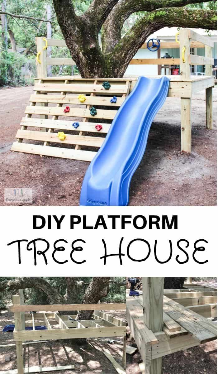 the diy platform tree house is made from pallets and has a slide in it