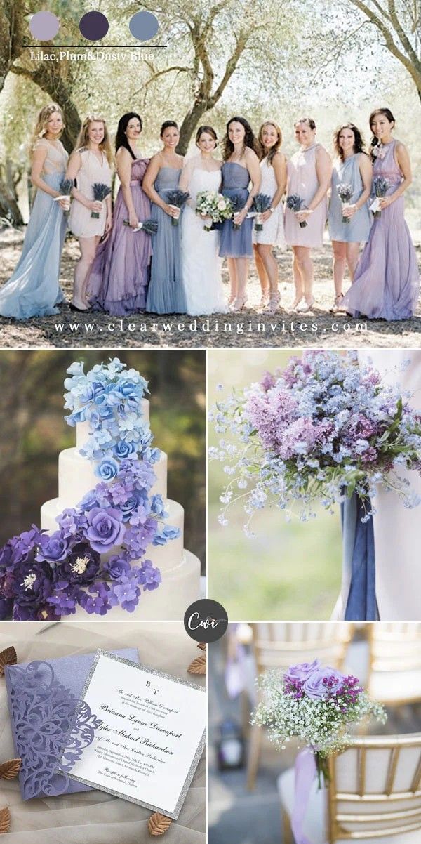 a collage of photos showing different types of purple and blue wedding flowers in vases