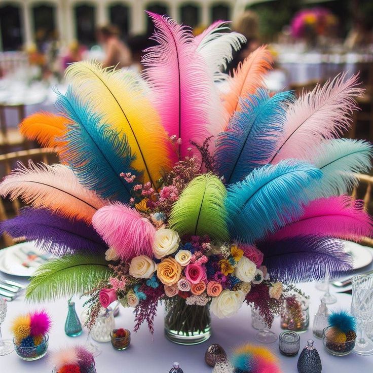 a vase filled with lots of colorful feathers on top of a table next to plates