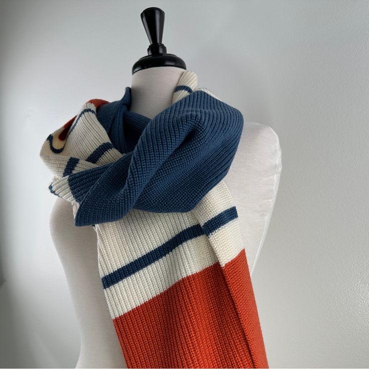 New With Tags Eleventy Wool Knit Scarf Heavier Scarf Striped With Burnt Orange,Off White, Slate Blue Color 13 Inches Wide By 72 Inches Long No Apparent Flaws See Photos Crocheting Ideas, Orange Scarf, Large Scarf, Striped Scarves, Cream Style, Fringe Scarf, Wool Knit, Cashmere Scarf, Slate Blue