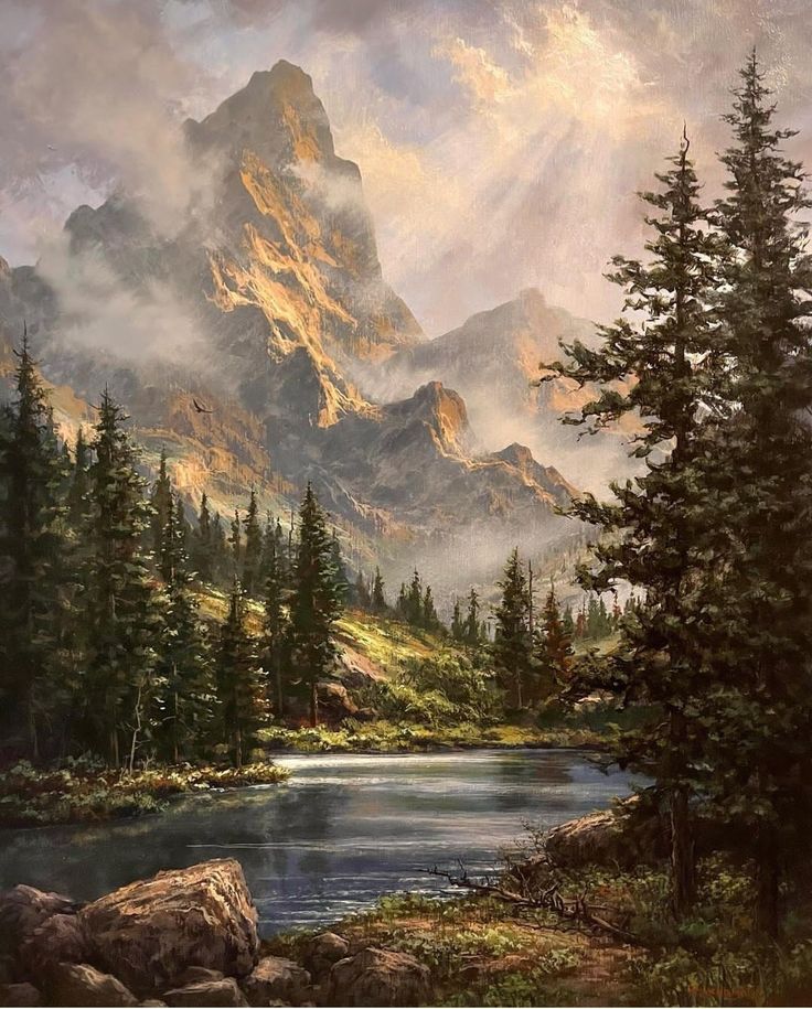 a painting of mountains with trees and water