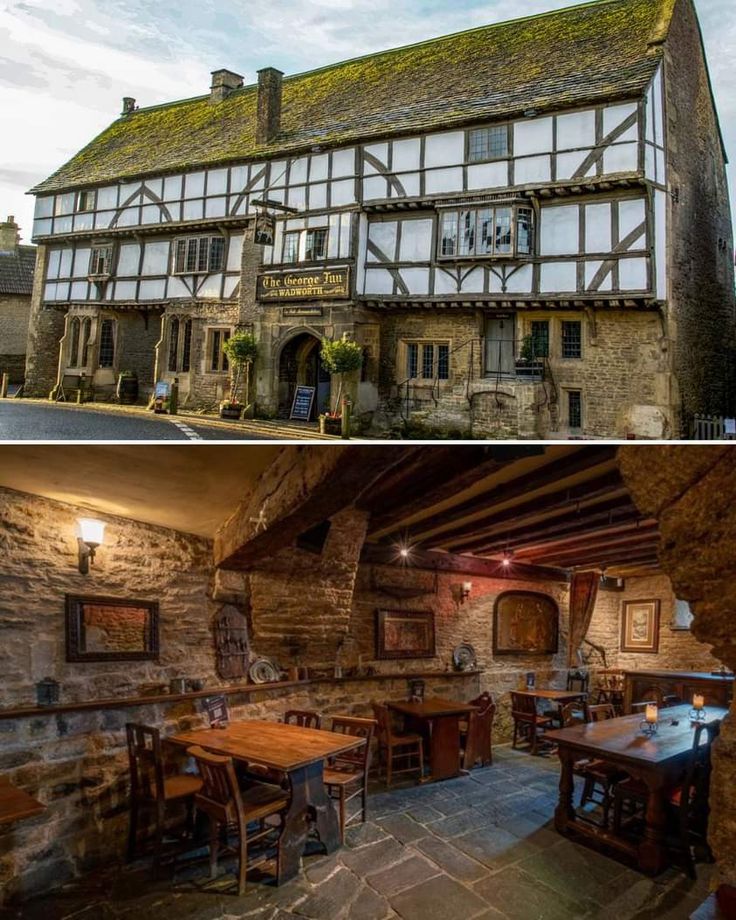 an old building with tables and chairs in front of it, and another photo of the outside