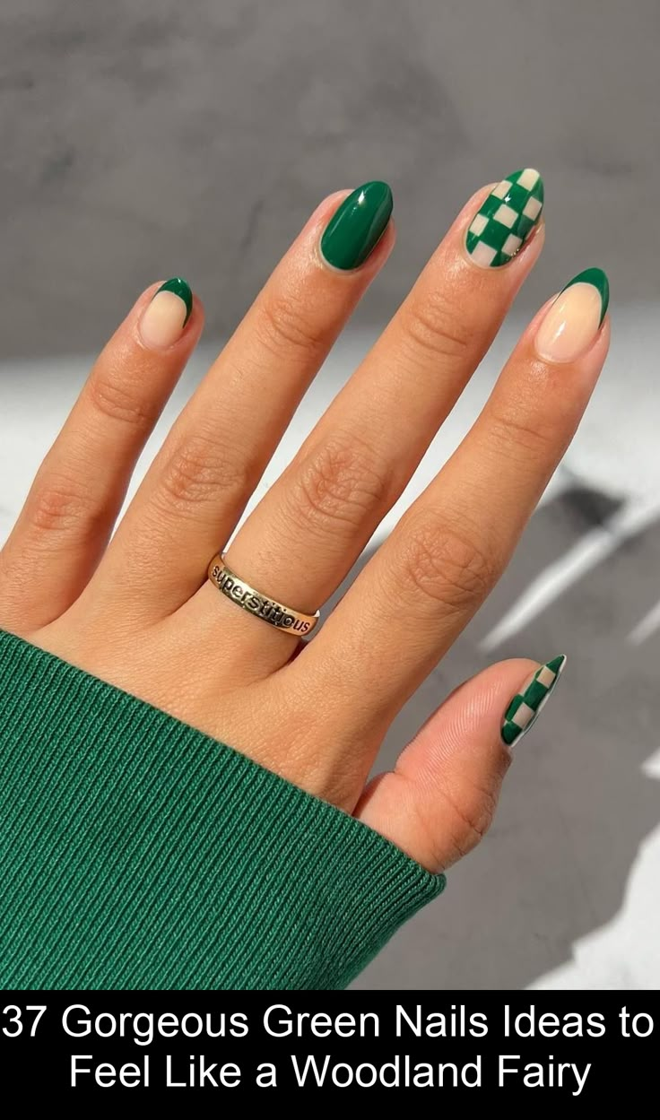 Green with envy yet, dolls? Green Short Nails With Design, Short Cute Green Nails, Cute Grey Nail Designs, Dark Green Nails Summer, Almond Shape Green Nails, Short Matte Nails Design Ideas, Emerald Green And Blue Nails, Forest Green Nails Short, Easy Green Nails