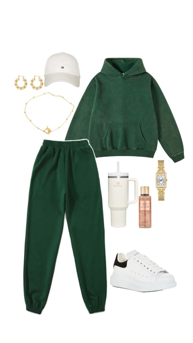 Travel outfit idea, spring, comfy outfit, comfortable, tracksuit, green sweatpants and hoodie, Stanley cup, accessories, fashion inspiration, fit inspo Forest Green Sweatpants Outfit, Green Hoodie Outfit Aesthetic, Green Sweatpants Outfit, Cargo Sweatpants Outfit, Green Hoodie Outfit, Hoodie Outfit Aesthetic, Girl Exercise, Green Cropped Hoodie, Sweatpants And Hoodie