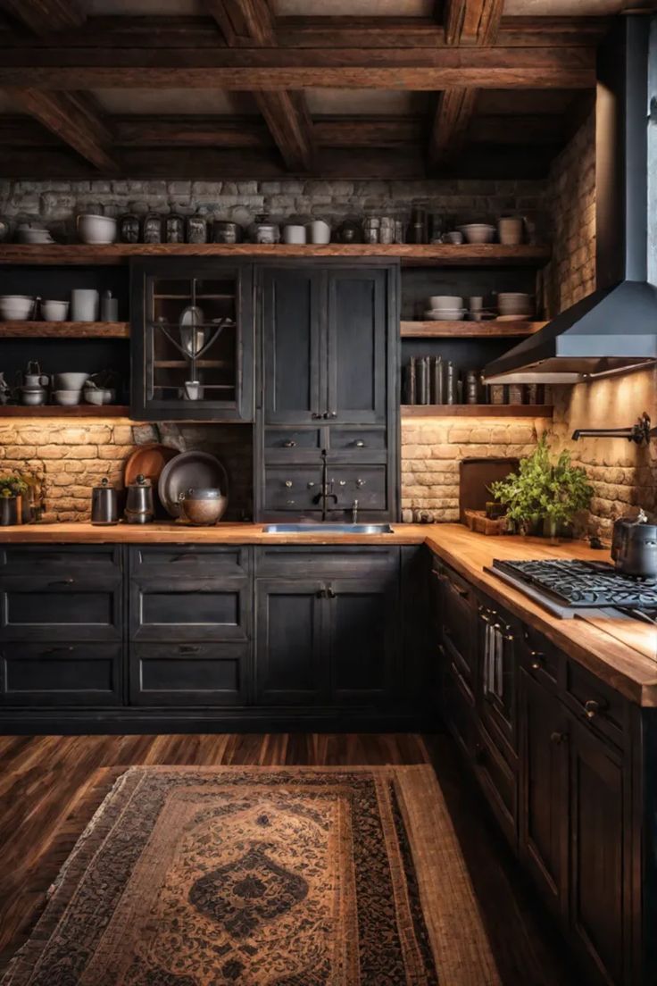 a kitchen with black cabinets and wooden floors is pictured in this image, the area rug has been placed on the floor